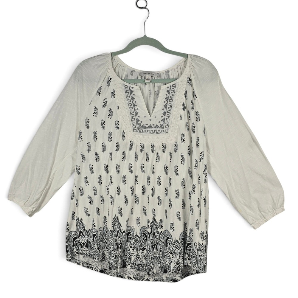 Vintage X America Top Womens L Peasant Paisley Embroidered White 3/4 Sleeve EUC